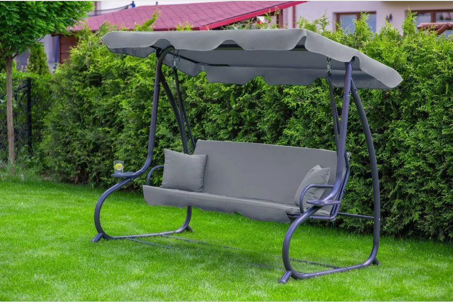 Садова гойдалка - лежак 2в1 "Relax Plus" FunFit​​​​​​​ 3 місна, з навісом і подушками, для двору, саду, тераси (Сіра) 1604 фото
