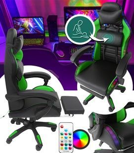 Геймерське крісло з RGB підсвіткою, подушками та висувною підставкою для ніг, Чорний/Зелений (G898) G898 фото